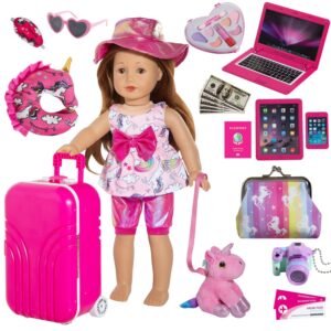 hoakwa american 18 inch doll accessories suitcase travel set, 18 inch doll clothes and accessories, doll suitcase include case, doll outfits, hat, sunglasses, camera, unicorn pillow, toy pet, etc