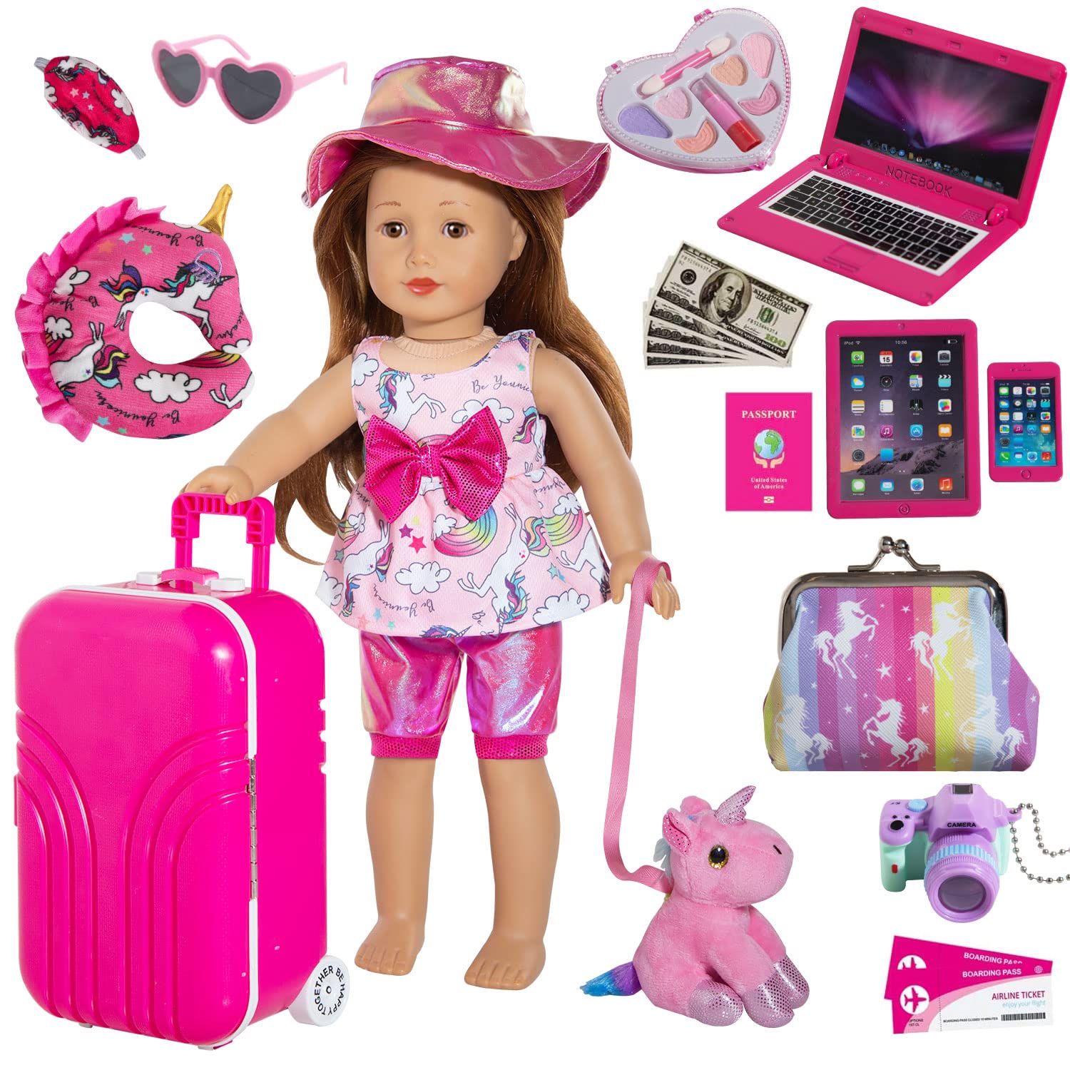 HOAKWA American 18 Inch Doll Accessories Suitcase Travel Set, 18 Inch Doll Clothes and Accessories, Doll Suitcase Include Case, Doll Outfits, Hat, Sunglasses, Camera, Unicorn Pillow, Toy Pet, etc