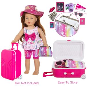 HOAKWA American 18 Inch Doll Accessories Suitcase Travel Set, 18 Inch Doll Clothes and Accessories, Doll Suitcase Include Case, Doll Outfits, Hat, Sunglasses, Camera, Unicorn Pillow, Toy Pet, etc