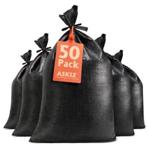 askiz heavy duty sand bags empty woven sand bags with tie strings with 1600 hours of uv protection polypropylene sand-bags - 16" x 25.5" ultra tough sandbags for hurricane flooding (black 50 bags)