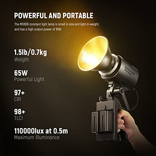 NEEWER MS60B LED Video Light 2.4G/APP Control, 65W Metal Mini Compact COB Continuous Output Lighting Spotlight 2700K-6500K, 40000lux@1m, CRI 97+/TLCI 98+, 12 Effects, PWM Dimming, Bowens Mount, Silver