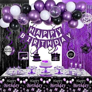birthday party decorations for women purple and black, happy birthday decorations for women girls party decoration balloons tablecloth arch kit white confetti balloon foil fringe curtains table cover