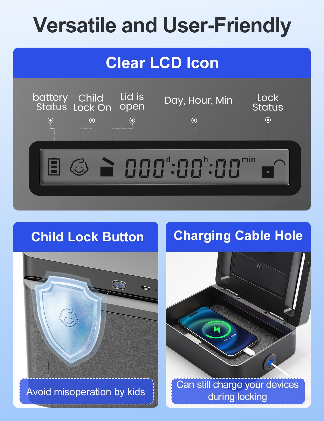 STARSIKI Metal Time Lock Box, Phone Timed Locked Box with Timer, Electronic Locking Container, USB C Charge, Audio Prompt, Self-Discipline Gift Time Safe to 365 Days for Cellphone/iPad Mini/Medication