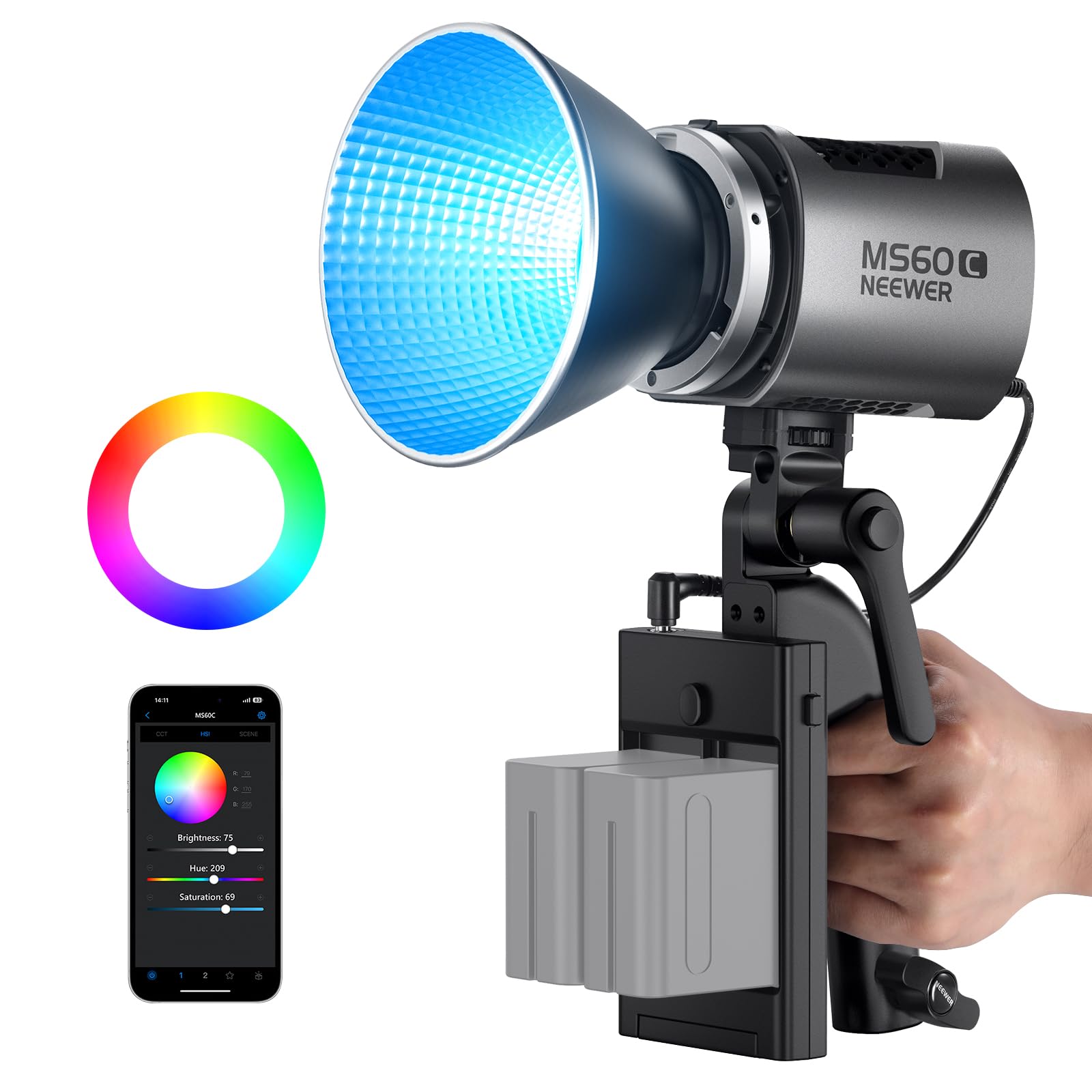 NEEWER MS60C RGBWW LED Video Light with 2.4G/APP Control, 65W Metal Mini RGB COB Continuous Output Lighting Bowens Mount Handheld Spotlight 2700K-6500K,8300lux/1m, CRI 97+/TLCI 98+,17 Effects + RGBCW