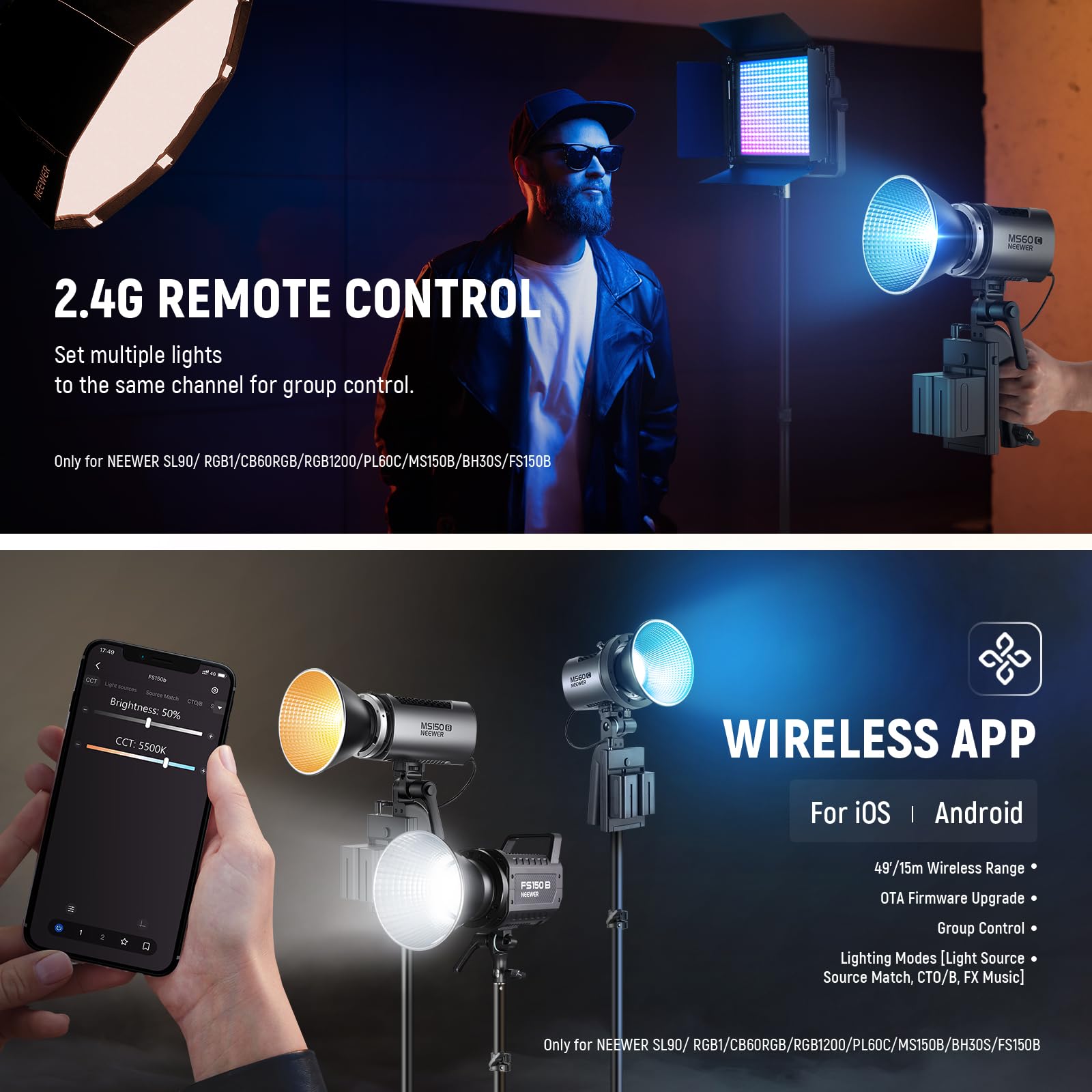 NEEWER MS60C RGBWW LED Video Light with 2.4G/APP Control, 65W Metal Mini RGB COB Continuous Output Lighting Bowens Mount Handheld Spotlight 2700K-6500K,8300lux/1m, CRI 97+/TLCI 98+,17 Effects + RGBCW