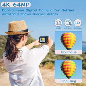 Digital Camera with WiFi 4K 64MP Vlogging Camera for Photography with Dual Screens Point and Shoot Camera with 32GB SD Card, 16X Zoom Compact Camera for Beginners-Green2