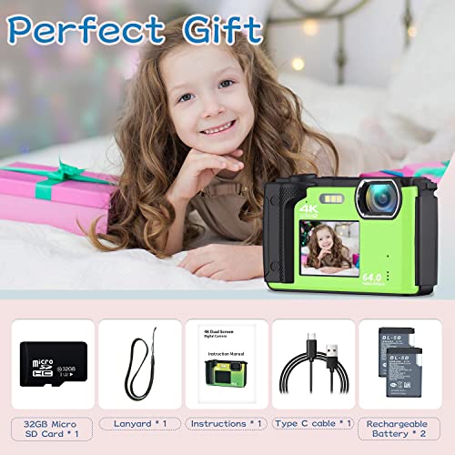 Digital Camera with WiFi 4K 64MP Vlogging Camera for Photography with Dual Screens Point and Shoot Camera with 32GB SD Card, 16X Zoom Compact Camera for Beginners-Green2