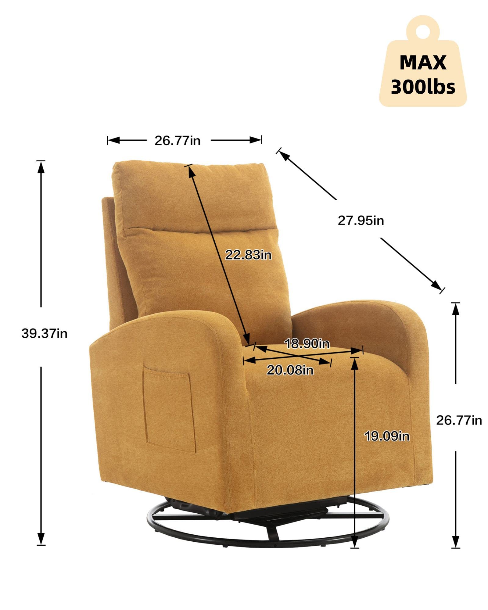 Luccalily Swivel Rocking Chair for Nursery, Upholstered Glider Nursery Chair with Breathable Fabric for Bedroom, Living Room, Yellow