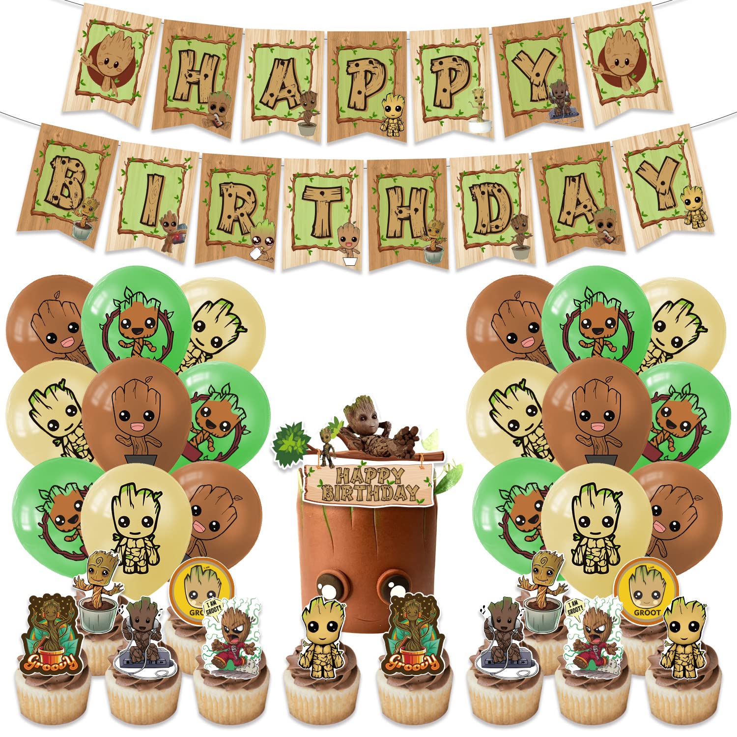 Groot Party Decorations, Groot Birthday Decorations, Groot Birthday Party Supplies，Set Include Banner Balloons Cake Tops