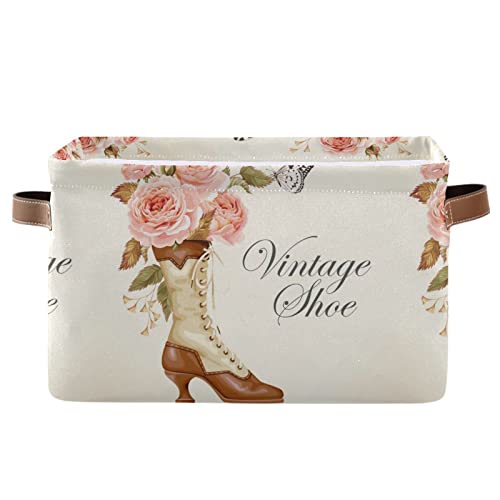 ALAZA Vintage Shoe Flower Rose Foldable Storage Box Storage Basket Organizer Bins with Handles for Shelf Closet Living Room Bedroom Home Office 2 Pack