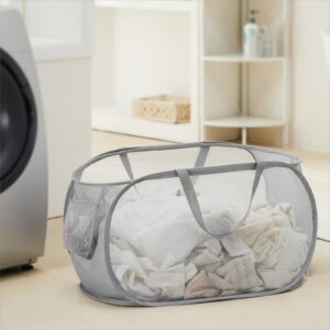 mesh pop up laundry basket with strong handles, large opening collapsible clothes hampers, portable & easy for use (1 pack, grey)
