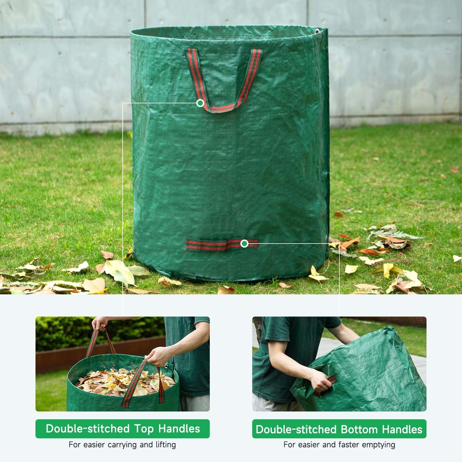 GreatBuddy 72 Gallon Reusable Yard Waste Bag, Heavy Duty, Upright Lawn Bags with 4 Reinforced Handles for Garden Leaves and Waste Collection, Lightweight and Portable (3 Pack)