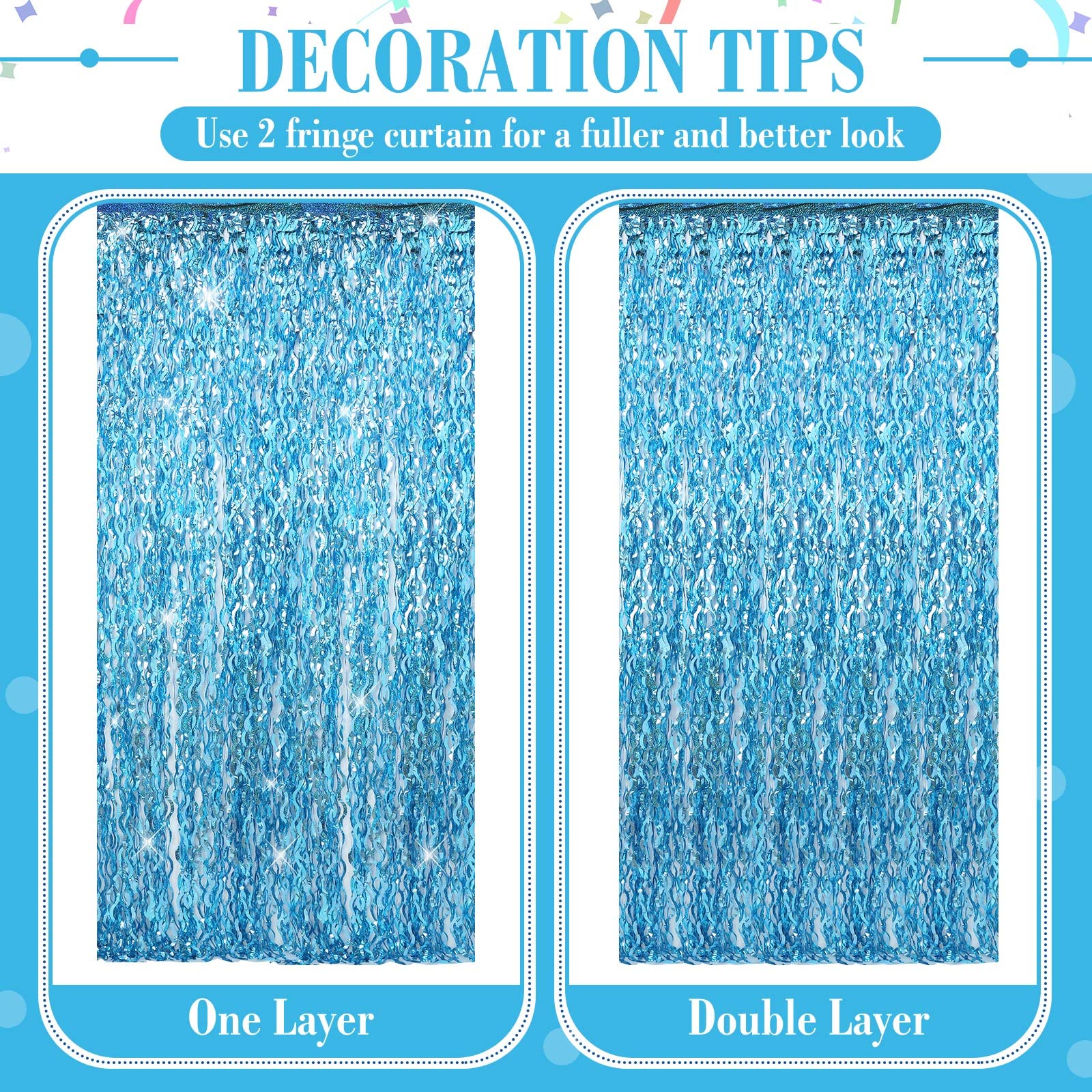 Jutom 6 Pieces Foil Fringe Backdrop Party Fringe Curtain 3.3 x 6.6 ft Tinsel Streamer Backdrop for Graduation Ocean Sea Birthday Wedding Baby Shower Holiday(Light Blue)