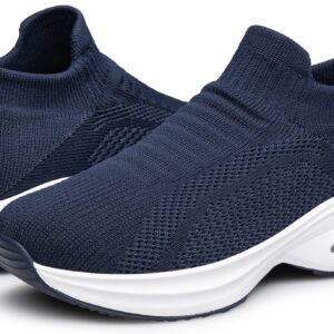 DOUSSPRT Womens Walking Sneakers Slip on Sock Shoes Mesh Air Cushion Platform Workout Tennis Loafers Fashion Casual Dark Blue Navy US Size 8.5