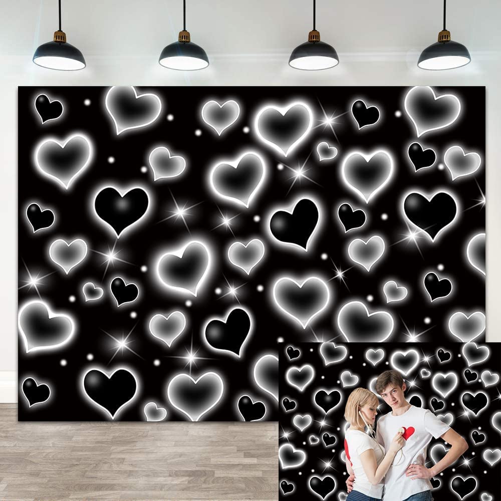 Black Heart Early 2000s Backdrop Love Heart 90s Old School Photography Background Sweet 16th 18th 21th 30th Women Men Happy Birthday Party Decoration 7x5FT