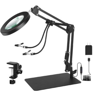 toolour 5x&10x magnifying glass light with stand table clamp lighted magnifier lamp for close work, crafting, model, sewing, jewelry, soldering, reading, hd magnification for details & helping hand