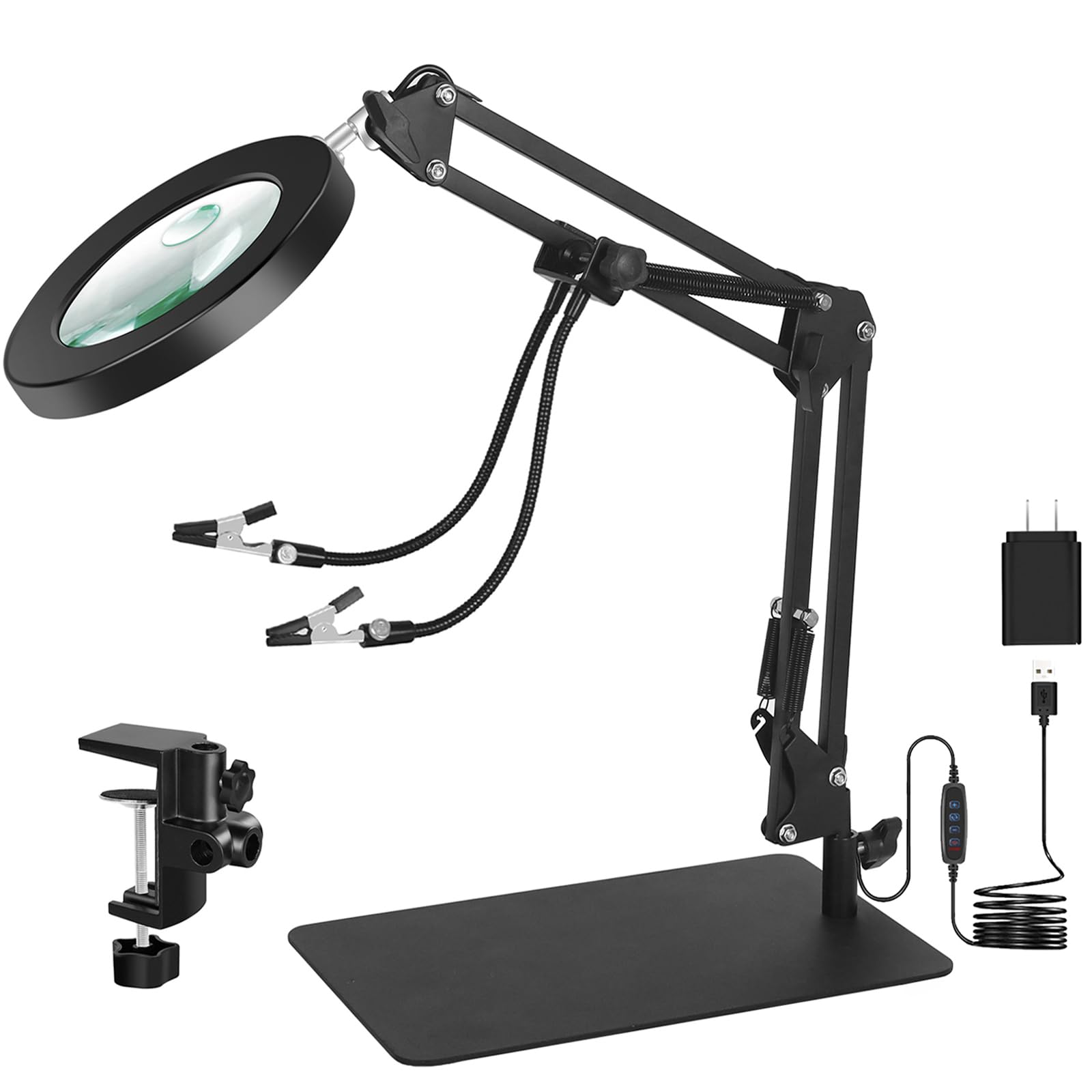 Toolour 5X&10X Magnifying Glass Light with Stand Table Clamp Lighted Magnifier Lamp for Close Work, Crafting, Model, Sewing, Jewelry, Soldering, Reading, HD Magnification for Details & Helping Hand