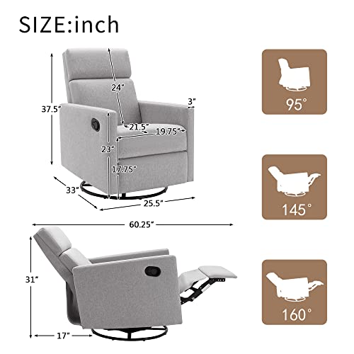 Merax Gray Modern Upholstered Manual Swivel Recliner Chair w/Headsupport Adjustable Nursery Glider Rocker for Living Room, Bedroom, Set of 1