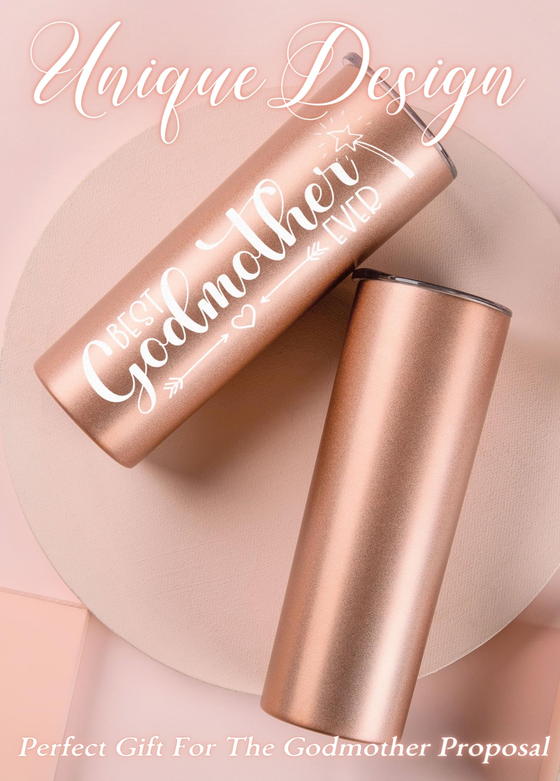 Onebttl Godmother Gifts, Mothers Day Gifts for Godmother, 20 oz Skinny Stainless Steel Tumbler Travel Mug for Best Friend, Aunt, Sister, Best Godmother Ever Rose Gold