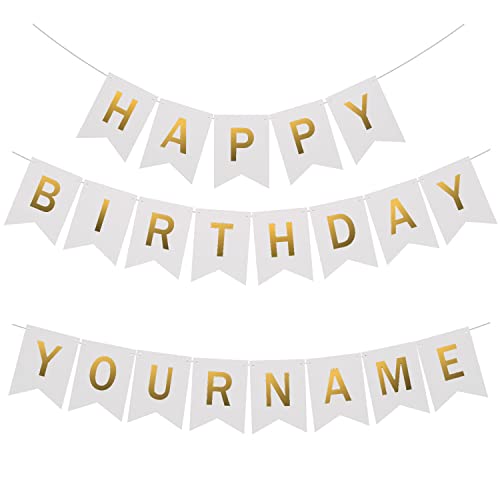 Uorbmaio White Happy Birthday Bunting Banner with Name Banner: Ideal Birthday Party Decorations Favor