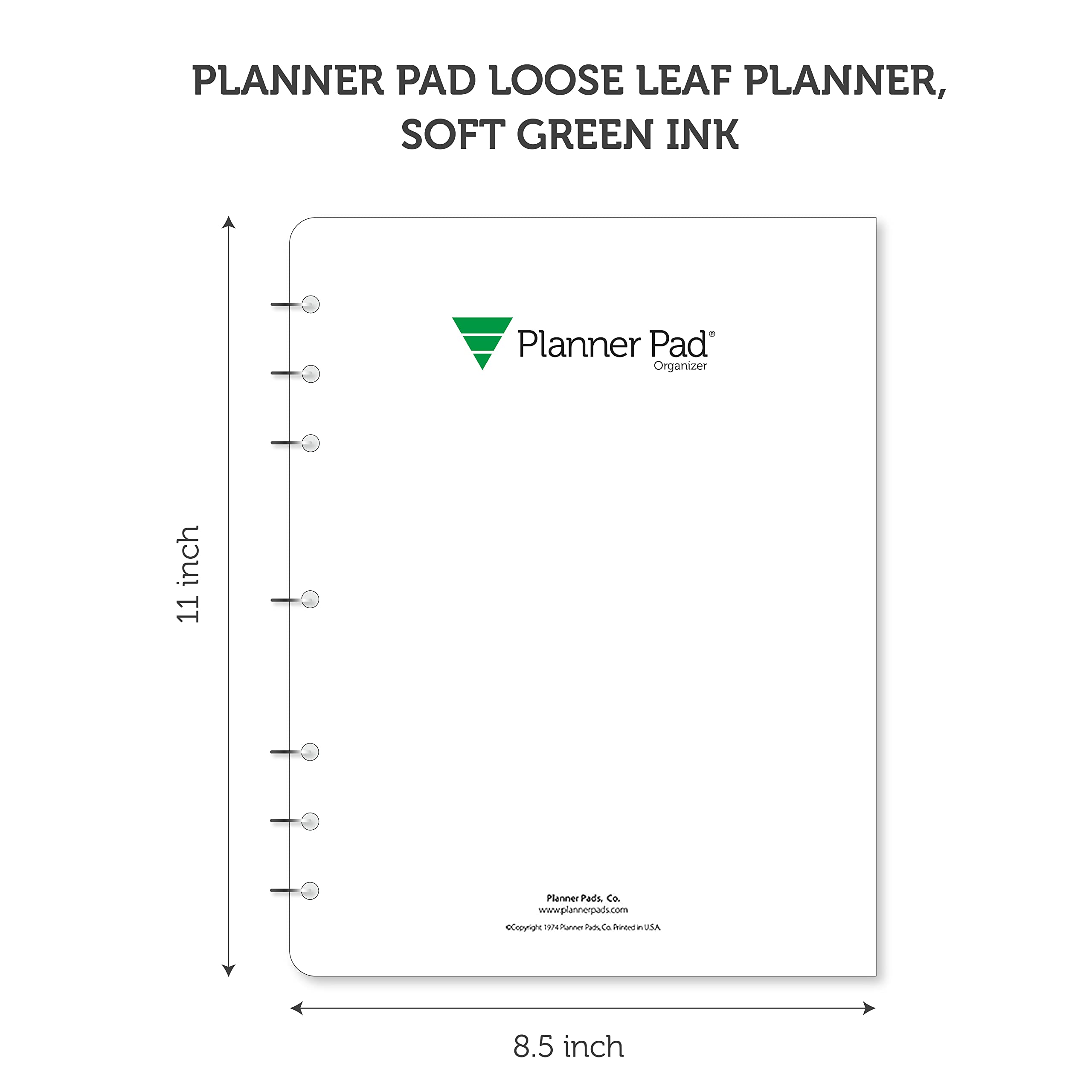 Planner Pad 7 Hole Loose Leaf 3-Tier Funnel Down 12 Month Organizer, July 2023 – June 2024 / Academic Year, Soft Green Ink, 8 1/2" x 11”