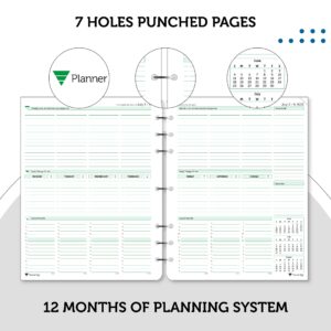 Planner Pad 7 Hole Loose Leaf 3-Tier Funnel Down 12 Month Organizer, July 2023 – June 2024 / Academic Year, Soft Green Ink, 8 1/2" x 11”