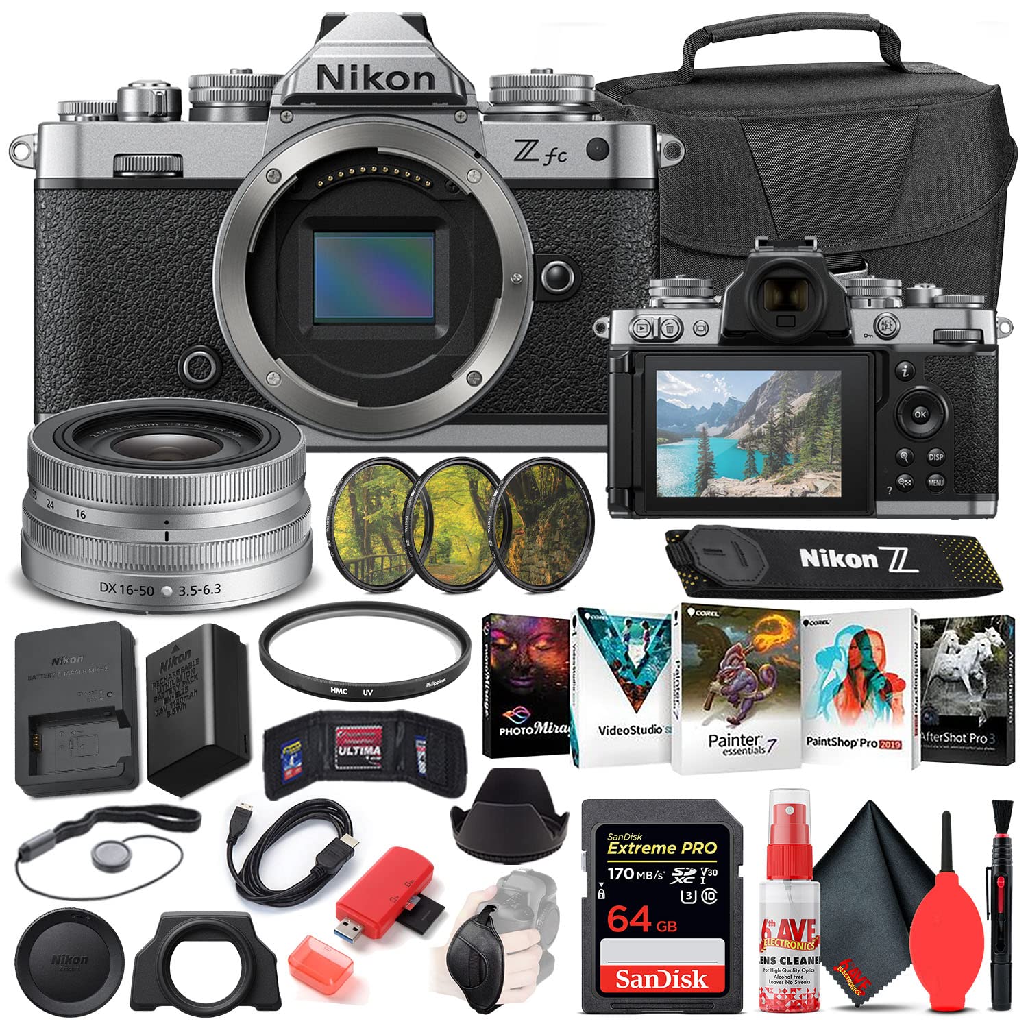 Nikon Z fc Mirrorless Digital Camera with 16-50mm Lens (Black, 1675) Bundle with 64GB Extreme PRO SD Card + Camera Bag + Editing Software + 4pc Filter Kit + Cleaning Kit + More (Renewed)