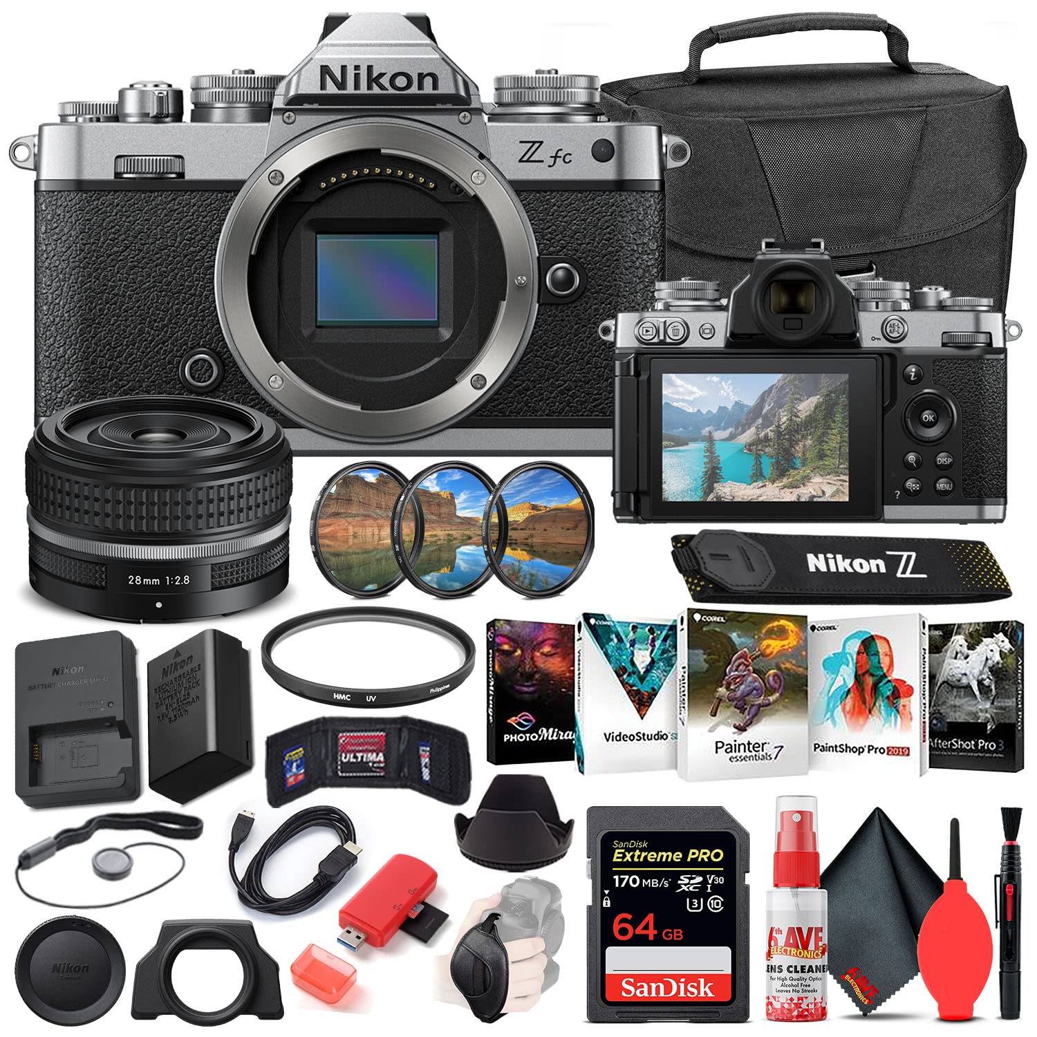 Nikon Z fc Mirrorless Digital Camera with 28mm Lens (Black, 1673) Bundle with 64GB Extreme PRO SD Card + Camera Bag + Editing Software + 4pc Filter Kit + Cleaning Kit + More (Renewed)