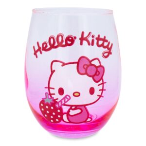 sanrio hello kitty strawberry sip stemless wine glass tumbler cup for cocktails | holds 20 ounces