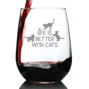 life is better with cats stemless wine glass - funny cat themed decor and cute gifts for women - large 17 oz glasses