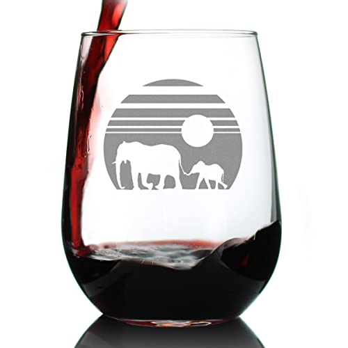 Elephant Sunset Stemless Wine Glass - Animal Safari Themed Gifts - Fun Decor with Elephants for Women and Men - Large 17 Oz Glasses