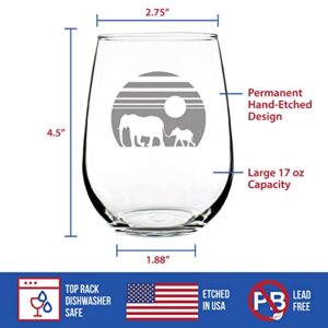 Elephant Sunset Stemless Wine Glass - Animal Safari Themed Gifts - Fun Decor with Elephants for Women and Men - Large 17 Oz Glasses