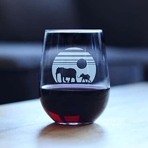 Elephant Sunset Stemless Wine Glass - Animal Safari Themed Gifts - Fun Decor with Elephants for Women and Men - Large 17 Oz Glasses