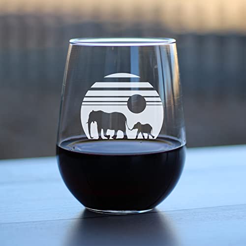 Elephant Sunset Stemless Wine Glass - Animal Safari Themed Gifts - Fun Decor with Elephants for Women and Men - Large 17 Oz Glasses