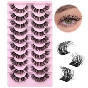 wiwoseo cluster lashes extension strip eyelashes individual cat eye lashes thick volume diy lashes that look like extension natural fluffy faux mink lashes 16mm pestañas postizas 10 pairs pack