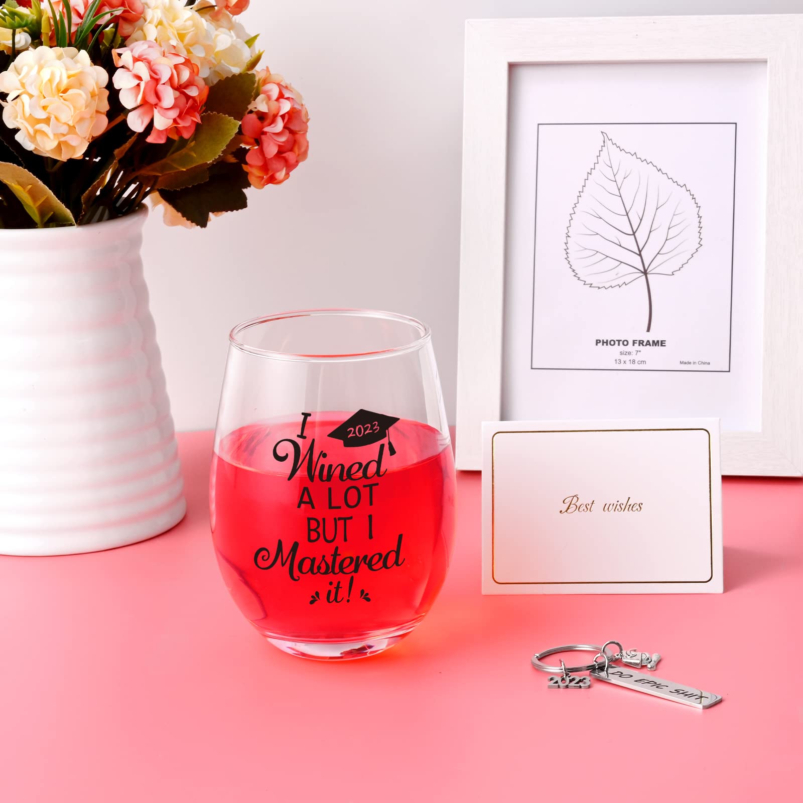 Modwnfy Graduation Gifts, I Wined A Lot, But I Mastered It Stemless Wine Glass with Key Chain and Card, College Graduation Gifts for Her Him Men Women Friends University Graduate Master MBA, 17 OZ