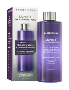 lumify eye illuminations cleansing water & eye makeup remover, 3-in-1 micellar water contains hyaluronic acid, vitamin c & niacinamide, clinically proven & hypoallergenic, 160ml