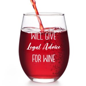 modwnfy lawyer gifts for women, will give legal advice for wine stemless wine glass, gifts for lawyers law student attorney paralegal judge law graduate prosecutor, 17 oz law school graduation gifts