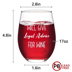 Modwnfy Lawyer Gifts for Women, Will Give Legal Advice for Wine Stemless Wine Glass, Gifts for Lawyers Law Student Attorney Paralegal Judge Law Graduate Prosecutor, 17 Oz Law School Graduation Gifts