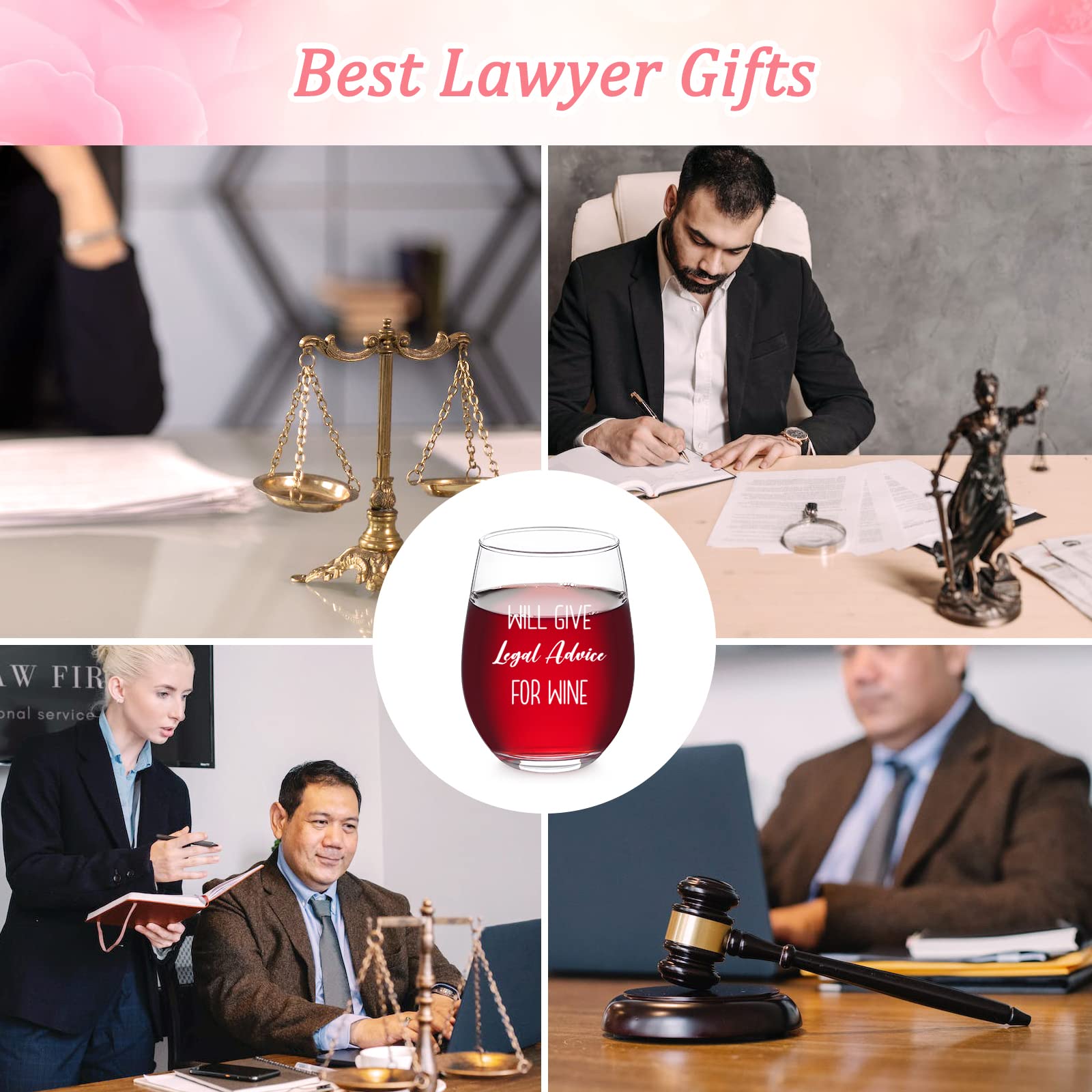 Modwnfy Lawyer Gifts for Women, Will Give Legal Advice for Wine Stemless Wine Glass, Gifts for Lawyers Law Student Attorney Paralegal Judge Law Graduate Prosecutor, 17 Oz Law School Graduation Gifts