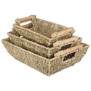 kenvc small wicker baskets, seagrass baskets set of 3(11/''+13/''+15/''）,wicker baskets for storage, wicker storage basket, seagrass storage baskets with wooden handles, natural (seagrass)