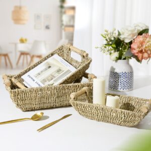 Kenvc Small Wicker Baskets, Seagrass Baskets Set of 3(11/''+13/''+15/''）,Wicker Baskets for Storage, Wicker Storage Basket, Seagrass Storage Baskets with Wooden Handles, Natural (Seagrass)
