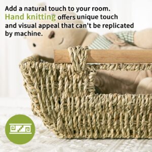 Kenvc Small Wicker Baskets, Seagrass Baskets Set of 3(11/''+13/''+15/''）,Wicker Baskets for Storage, Wicker Storage Basket, Seagrass Storage Baskets with Wooden Handles, Natural (Seagrass)