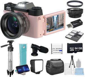 acuvar 4k 48mp digital camera kit for photography, vlogging camera for youtube with flip screen, wifi, wide angle & macro lens, 64gb micro sd card, 50" tripod, case, card reader, microphone, led pink
