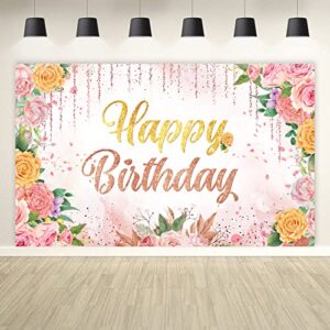 pink happy birthday backdrop, floral gold glitters birthday banner with rose flower birthday decorations, large happy birthday photo yard sign backgroud party supplies for women girls, 70.8x43.3 inch