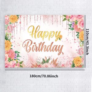 Pink Happy Birthday Backdrop, Floral Gold Glitters Birthday Banner with Rose Flower Birthday Decorations, Large Happy Birthday Photo Yard Sign Backgroud Party Supplies for Women Girls, 70.8x43.3 Inch