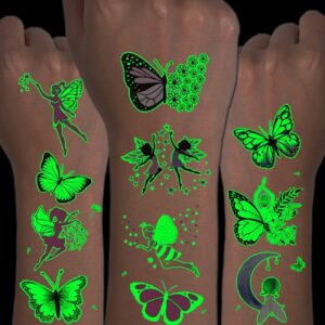 charlent luminous butterfly tattoos for kids - 14 sheets glow in the dark butterfly fairy temporary tattoos for girls birthday party favors goodie bag fillers