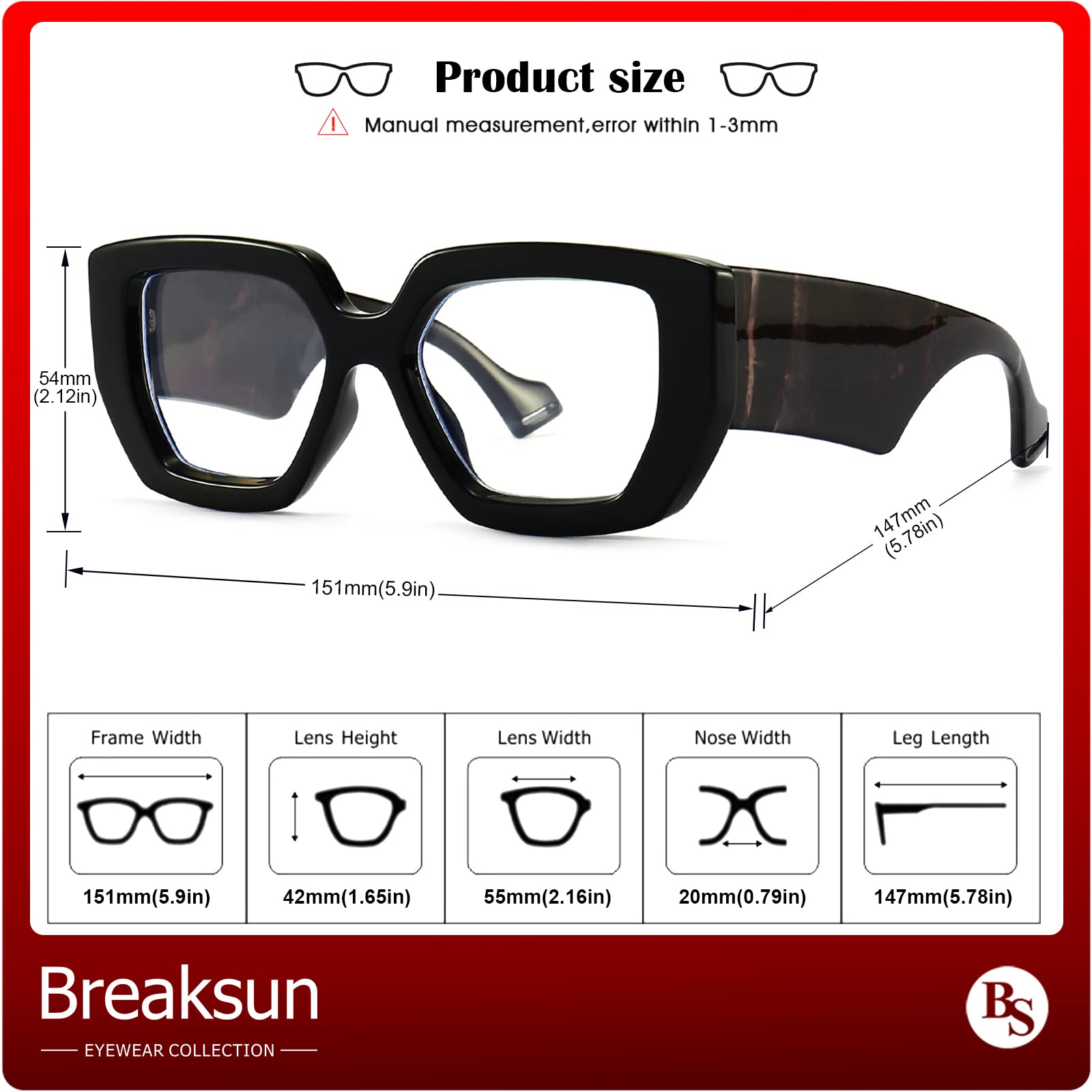 Breaksun Thick Frame Blue Light Glasses for Women Men Fashion Oversized Square Computer Gaming Eyeglasses (Black- Patterned leg)