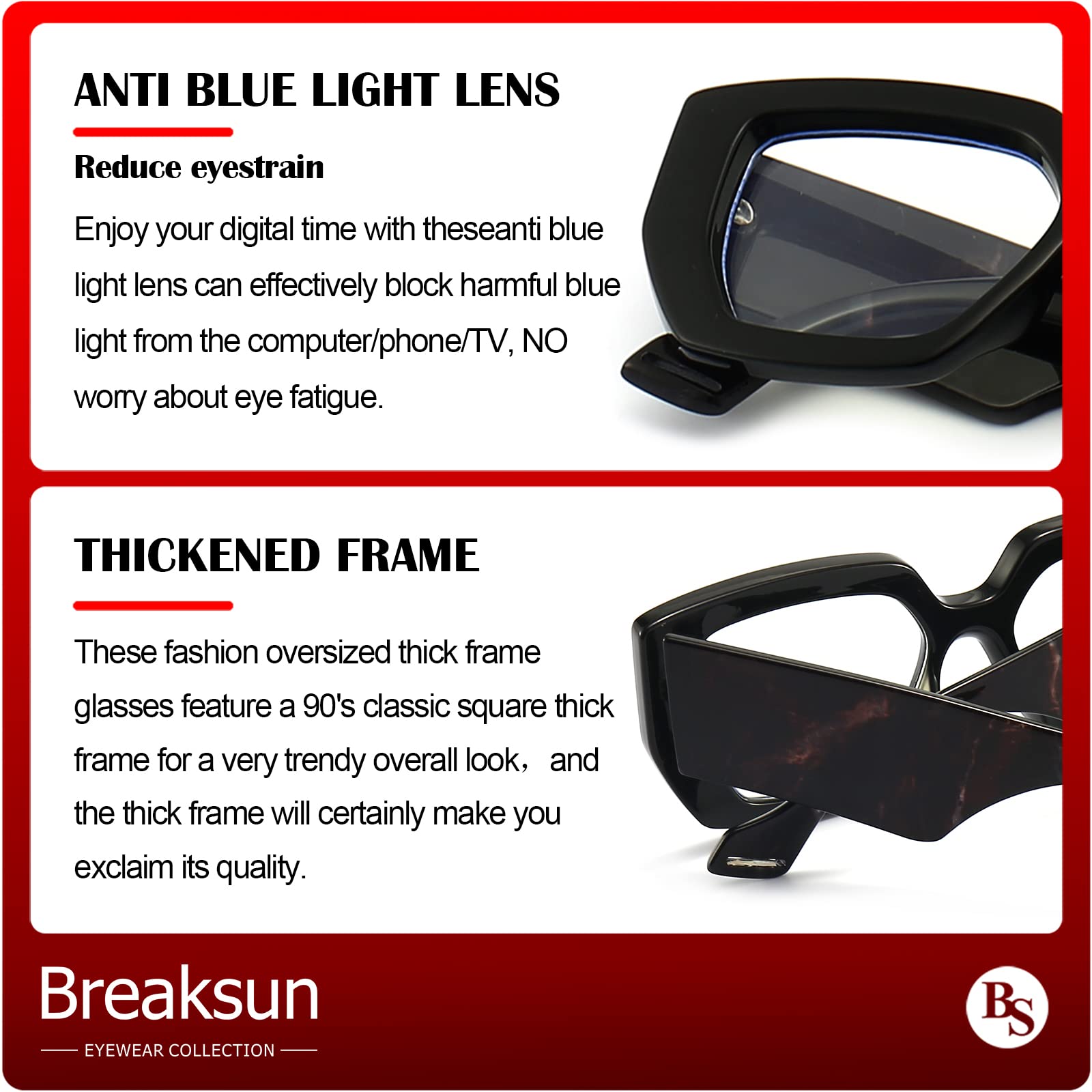 Breaksun Thick Frame Blue Light Glasses for Women Men Fashion Oversized Square Computer Gaming Eyeglasses (Black- Patterned leg)