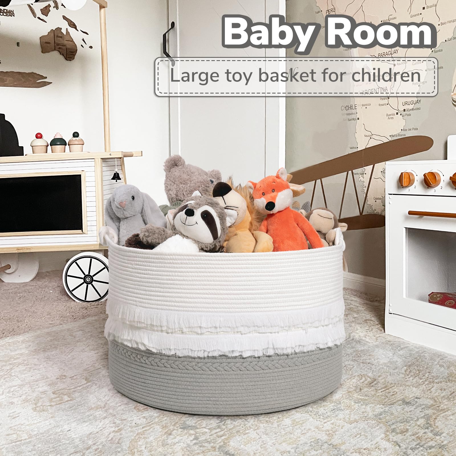 CherryNow Extra Large Rope Basket for Toys, Grey Blanket Basket for Living Room, Entryway, Nursery Laundry Basket for Clothes, 22 x 14 inches, 83L